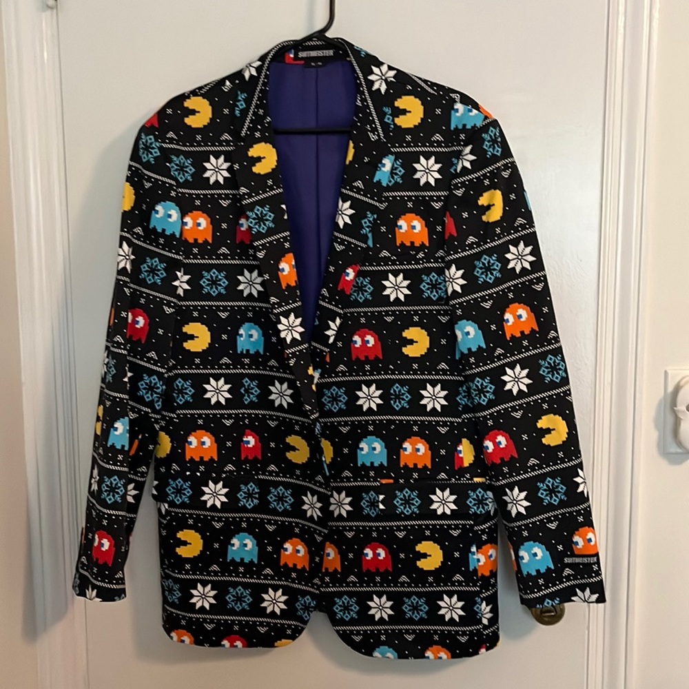 UGLY SUIT JACKET Blazer - packman and snowflakes - ugly sweater party - 44 XL